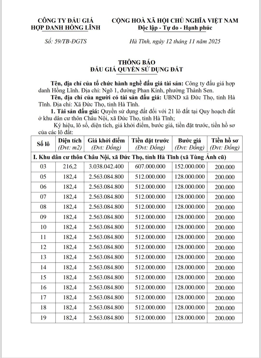 Thông báo đấu giá quyền sử dụng đất tại xã Đức Thọ