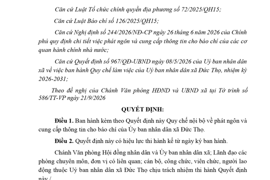 QUYẾT ĐỊNH:  Ban hành Quy chế nội bộ về phát ngôn và cung cấp thông tin cho báo chí của Ủy ban nhân dân xã Đức Thọ 