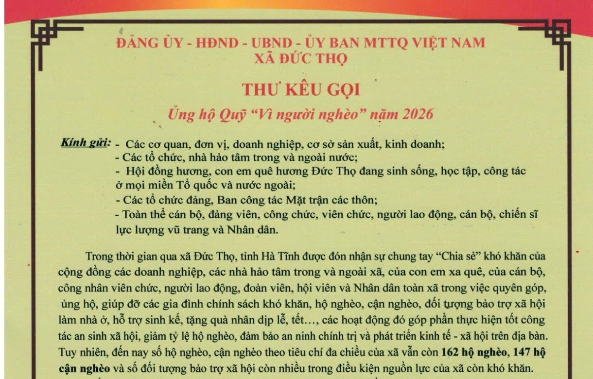 Đức Thọ kêu gọi chung tay ủng hộ Quỹ ‘Vì người nghèo’ năm 2026.