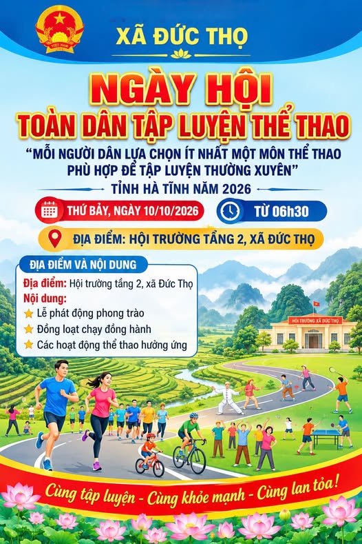 KẾ HOẠCH: Tổ chức Lễ phát động “Mỗi người dân lựa chọn ít nhất một môn thể thao phù hợp để tập luyện thường xuyên” xã Đức Thọ