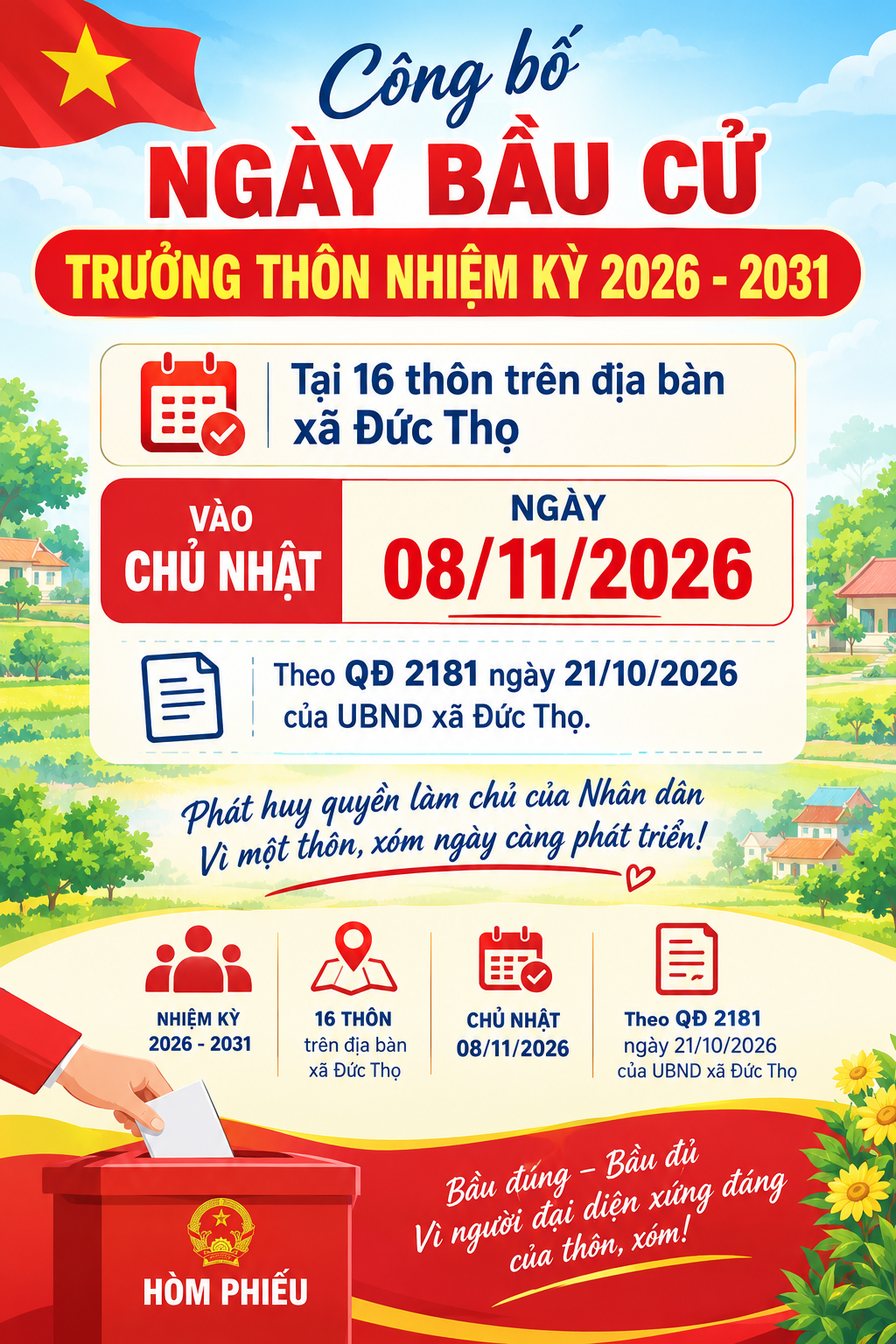 QUYẾT ĐỊNH: Về việc công bố ngày bầu cử Trưởng thôn nhiệm kỳ 2026-2031